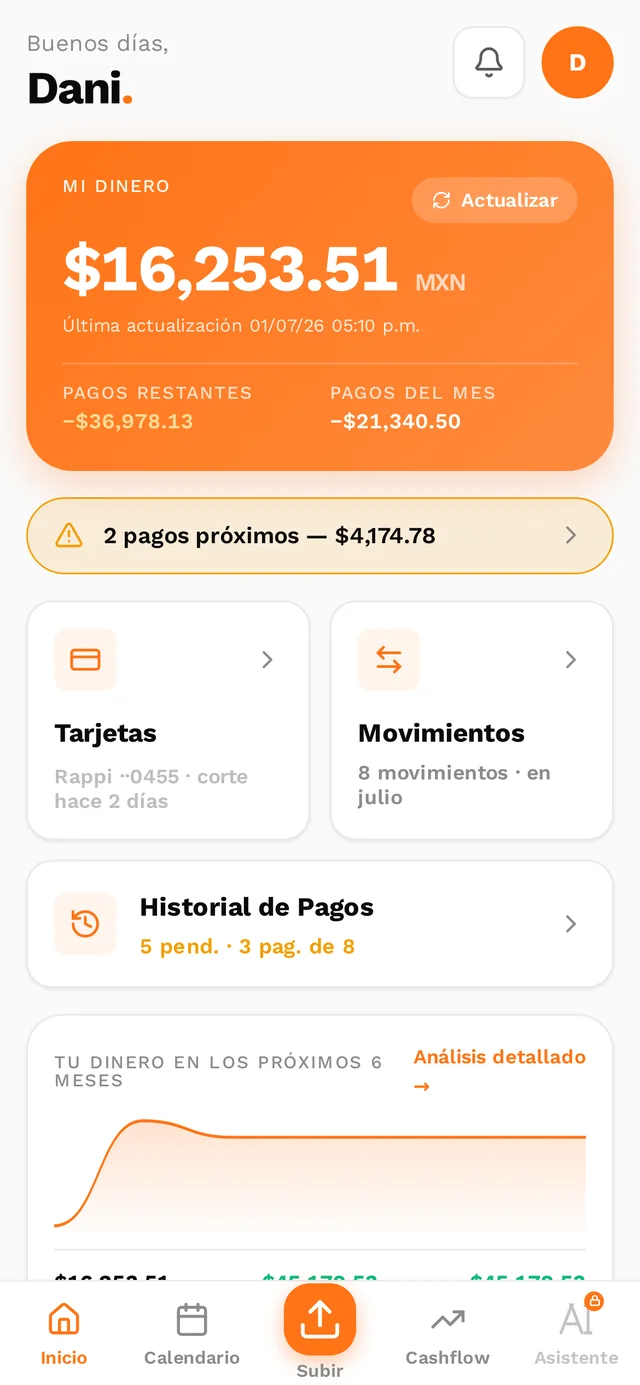 Pantalla de Inicio de Appstos: tu dinero, pagos del mes y próximos pagos