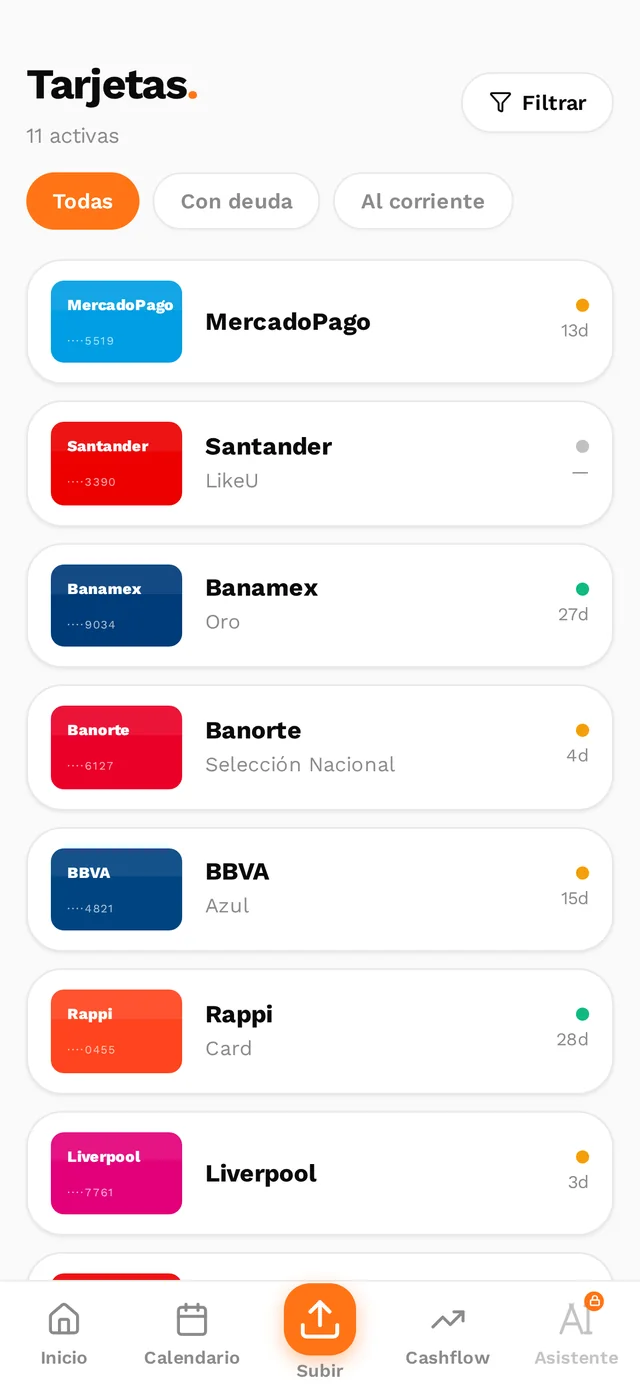 Pantalla de Tarjetas de Appstos con todas tus tarjetas y días de corte